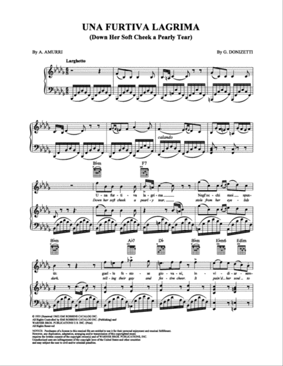Una Furtiva Lagrima Piano, Vocal, Guitar scores gallery preview page 1