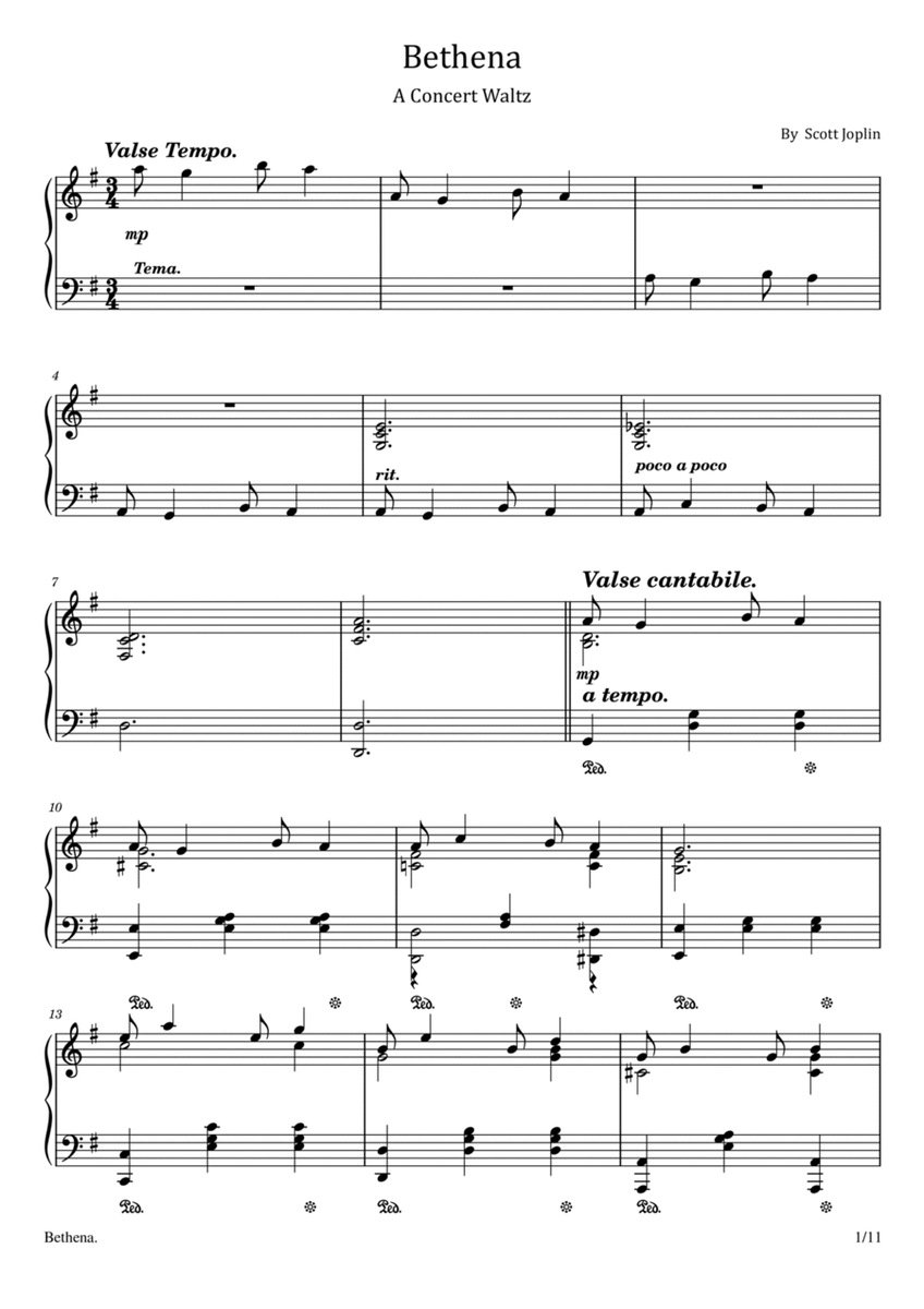 Bethena - A Concert Waltz - Scott Joplin - 1905 - Original For Piano Solo image number null