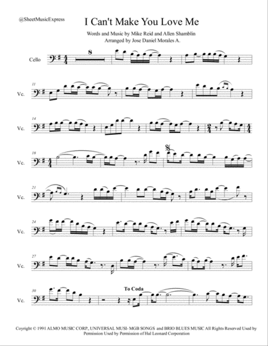 I Can't Make You Love Me I Can't Make You Love Me Cello Solo scores gallery preview page 1