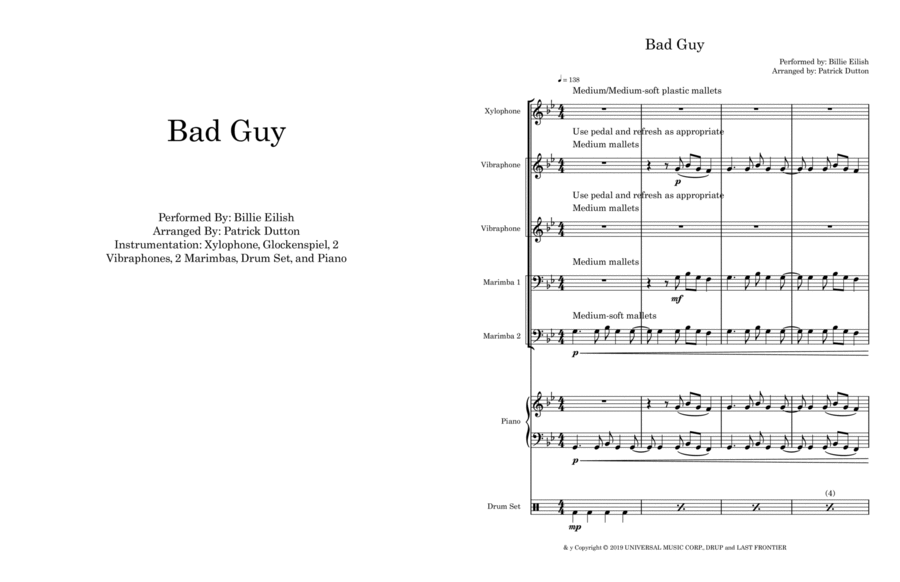 Bad Guy Percussion Ensemble scores gallery preview page 1