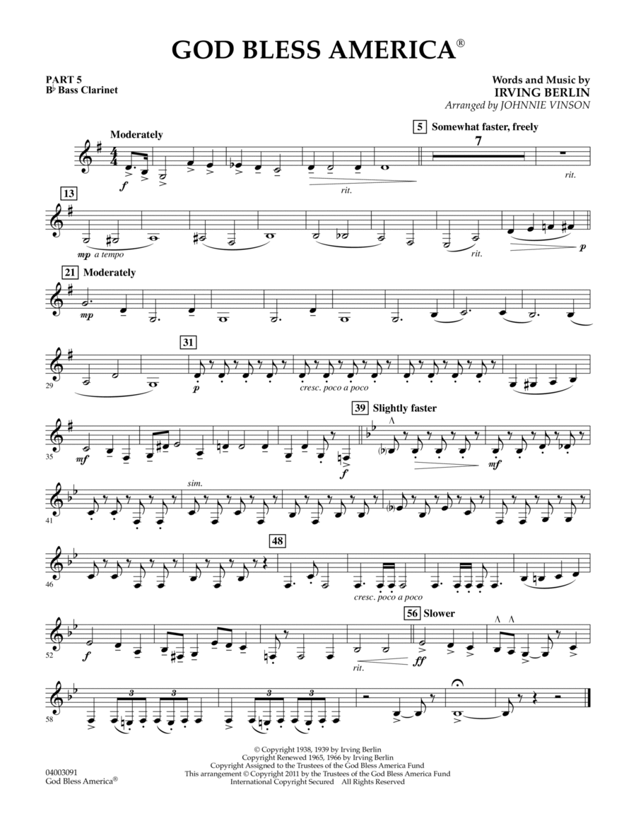 God Bless America - Pt.5 - Bb Bass Clarinet Concert Band scores gallery preview page 1