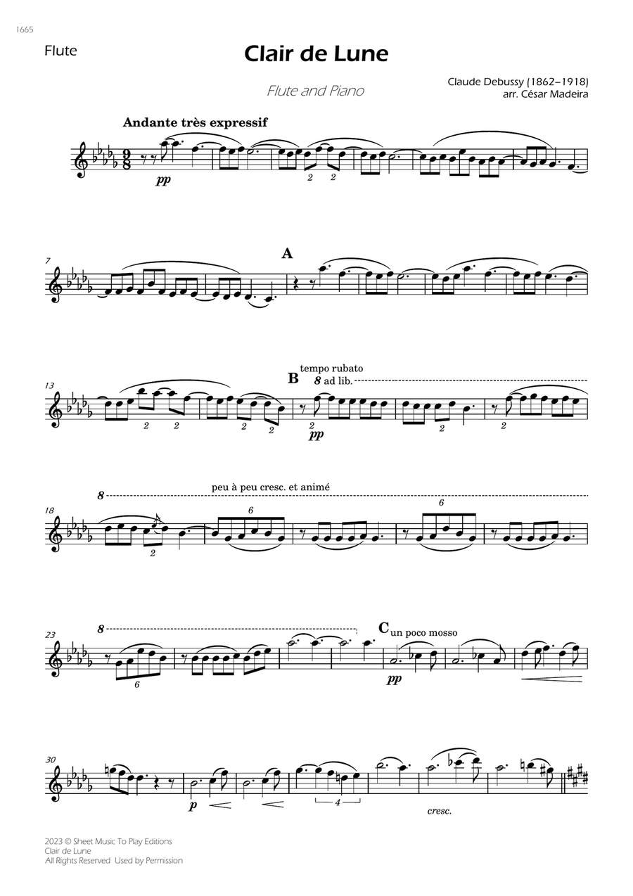 Clair de Lune by Debussy - Flute and Piano (Individual Parts) Flute scores gallery preview page 1