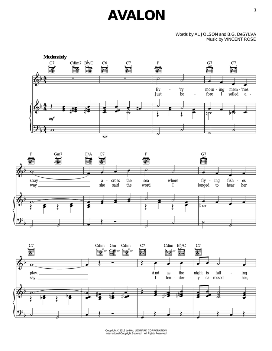 Avalon Piano, Vocal, Guitar scores gallery preview page 1