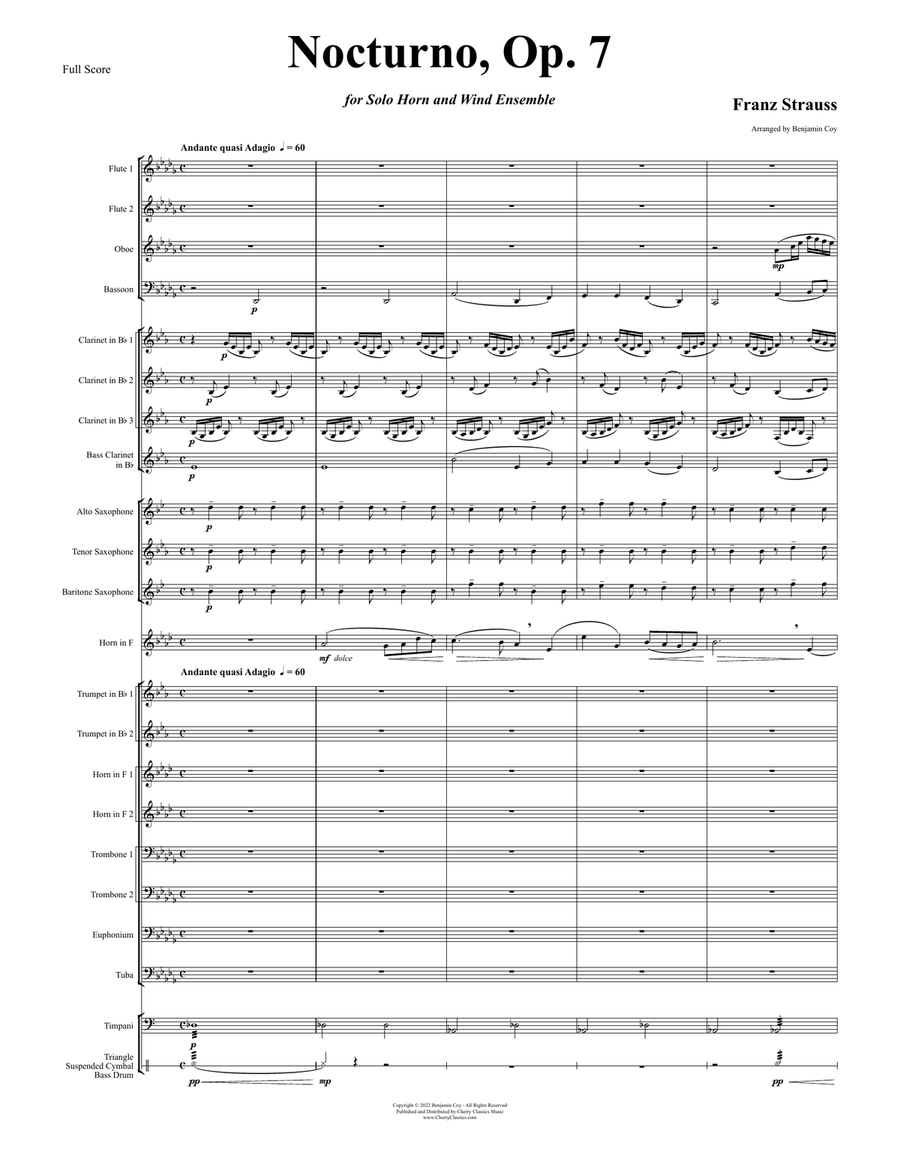 Nocturno, Op. 7 for Horn Solo and Wind Ensemble Concert Band scores gallery preview page 1