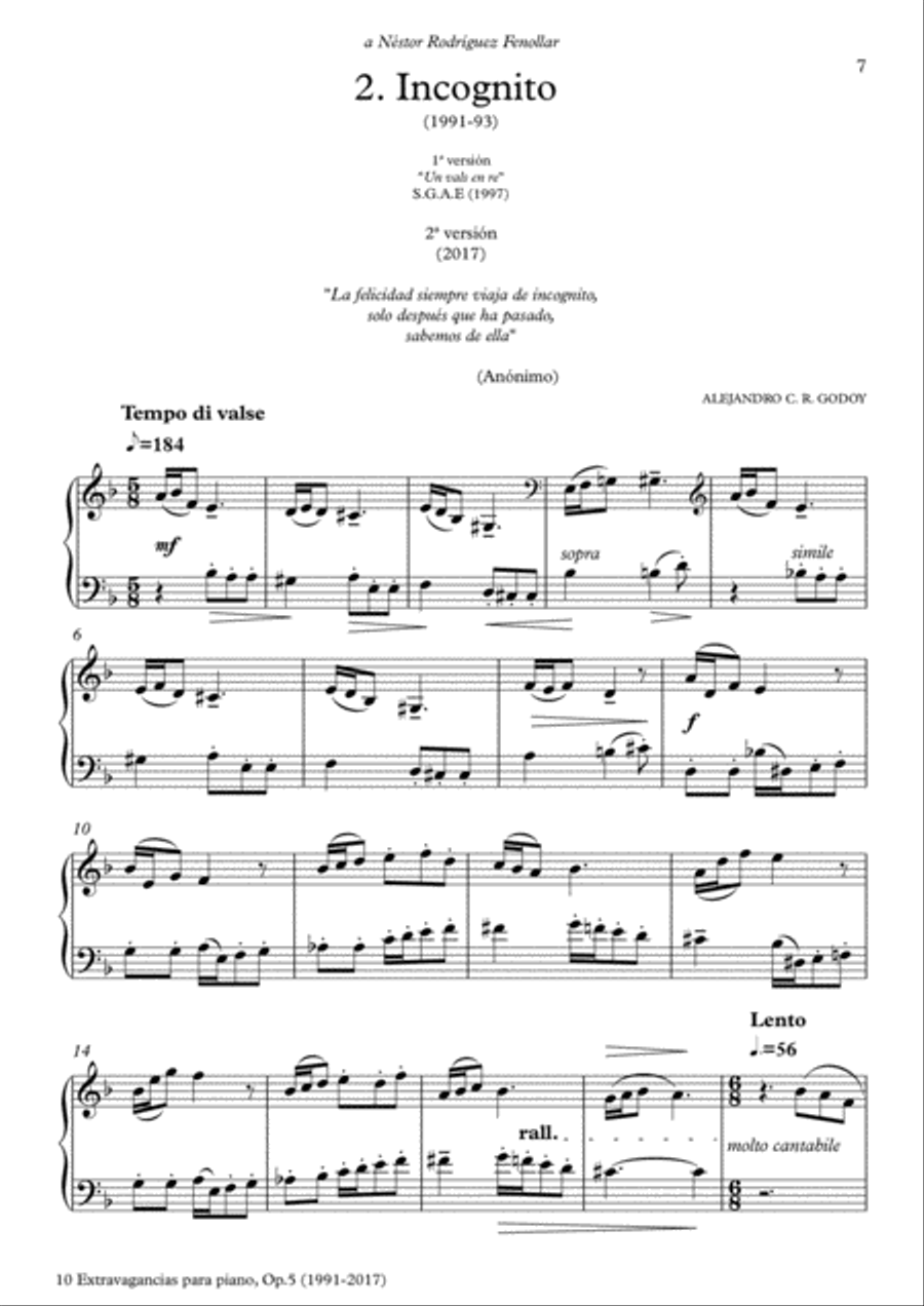 10 Extravagancias para piano, Op. 5 (2017) 2. Incognito Piano Solo scores gallery preview page 1