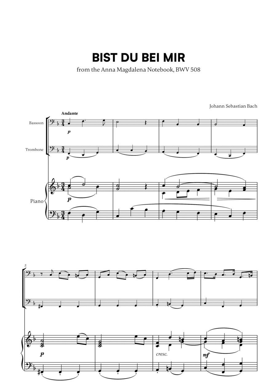 Johann Sebastian Bach - Bist du bei Mir (BWV 508) (F major) (for Bassoon and Trombone) Trombone Duet scores gallery preview page 1