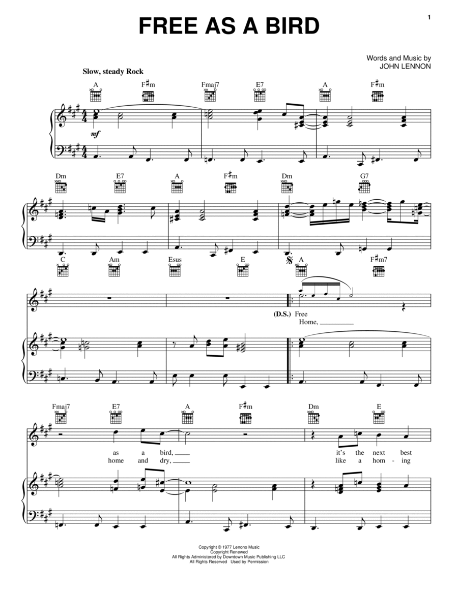 Free As A Bird Piano, Vocal, Guitar scores gallery preview page 1