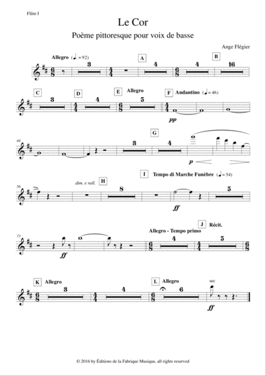 Ange Flégier: Le Cor for bass voice and orchestra, Flute 1 part Full Orchestra scores gallery preview page 1