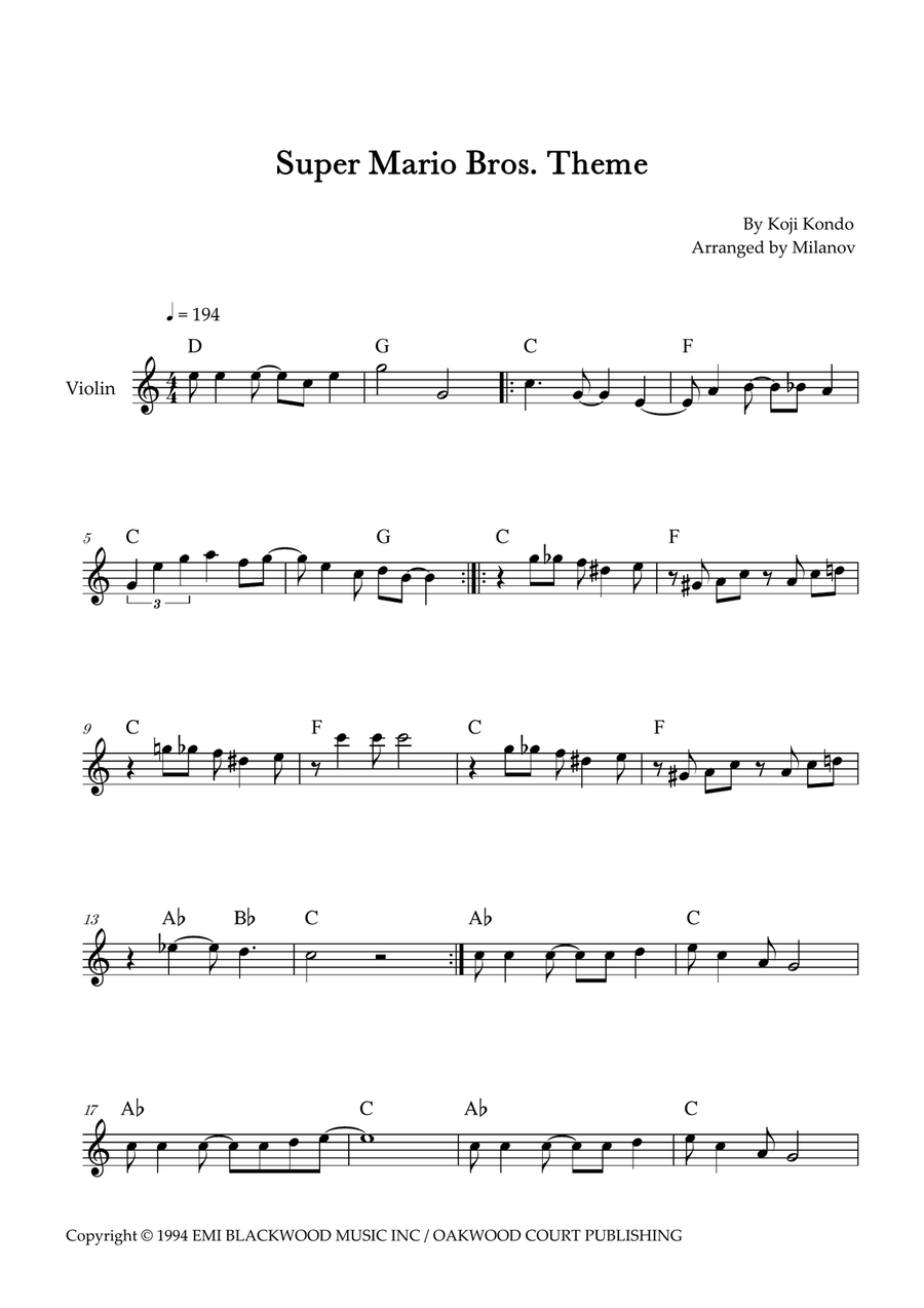 Super Mario Bros Theme Violin Solo scores gallery preview page 1