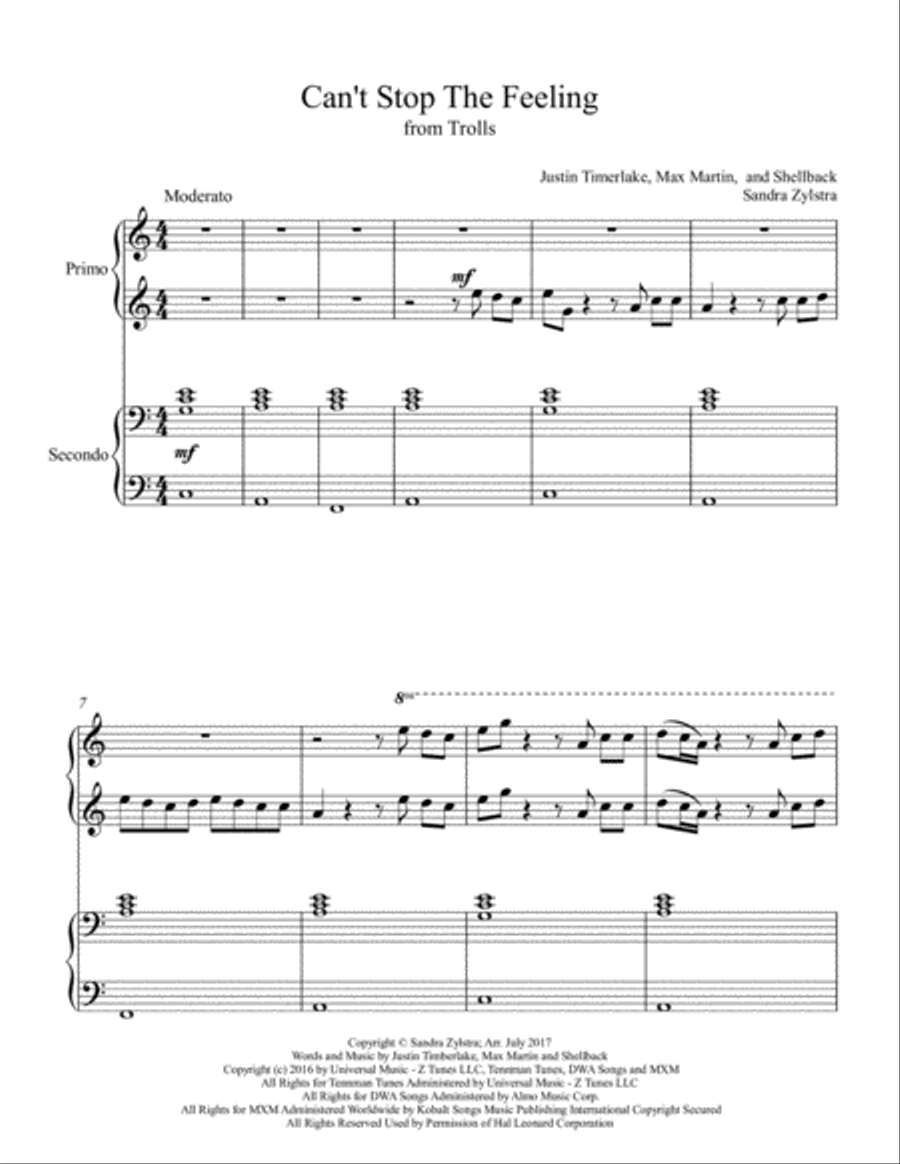 Can't Stop The Feeling from TROLLS 1 Piano, 4-Hands scores gallery preview page 2