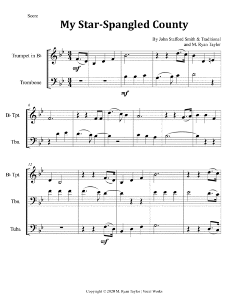 My Star-Spangled Country (National Anthem & My Country 'Tis of Thee) for Brass Trio (Trumpet, Trombo Brass Trio scores gallery preview page 1