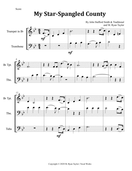 My Star-Spangled Country (National Anthem & My Country 'Tis of Thee) for Brass Trio (Trumpet, Trombo