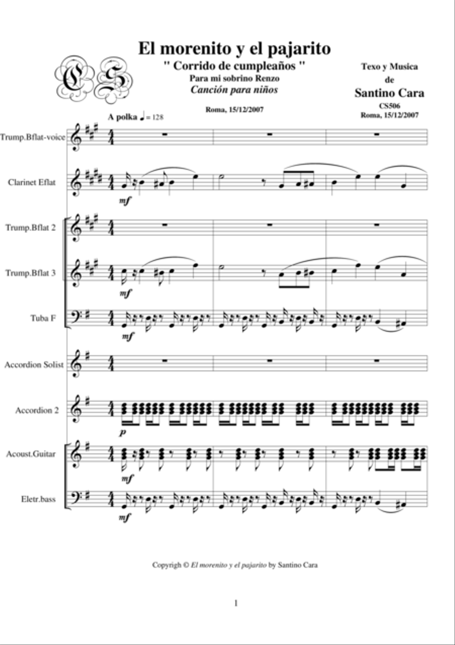 El morenito y el pajarito_Corrido_Full score and parts Flute scores gallery preview page 1