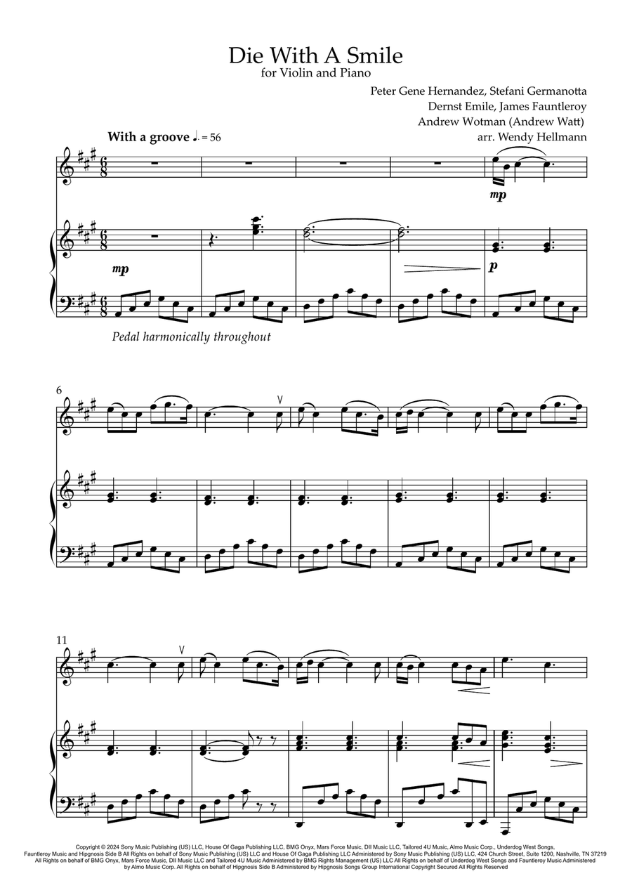 Die With A Smile Violin Solo scores gallery preview page 1
