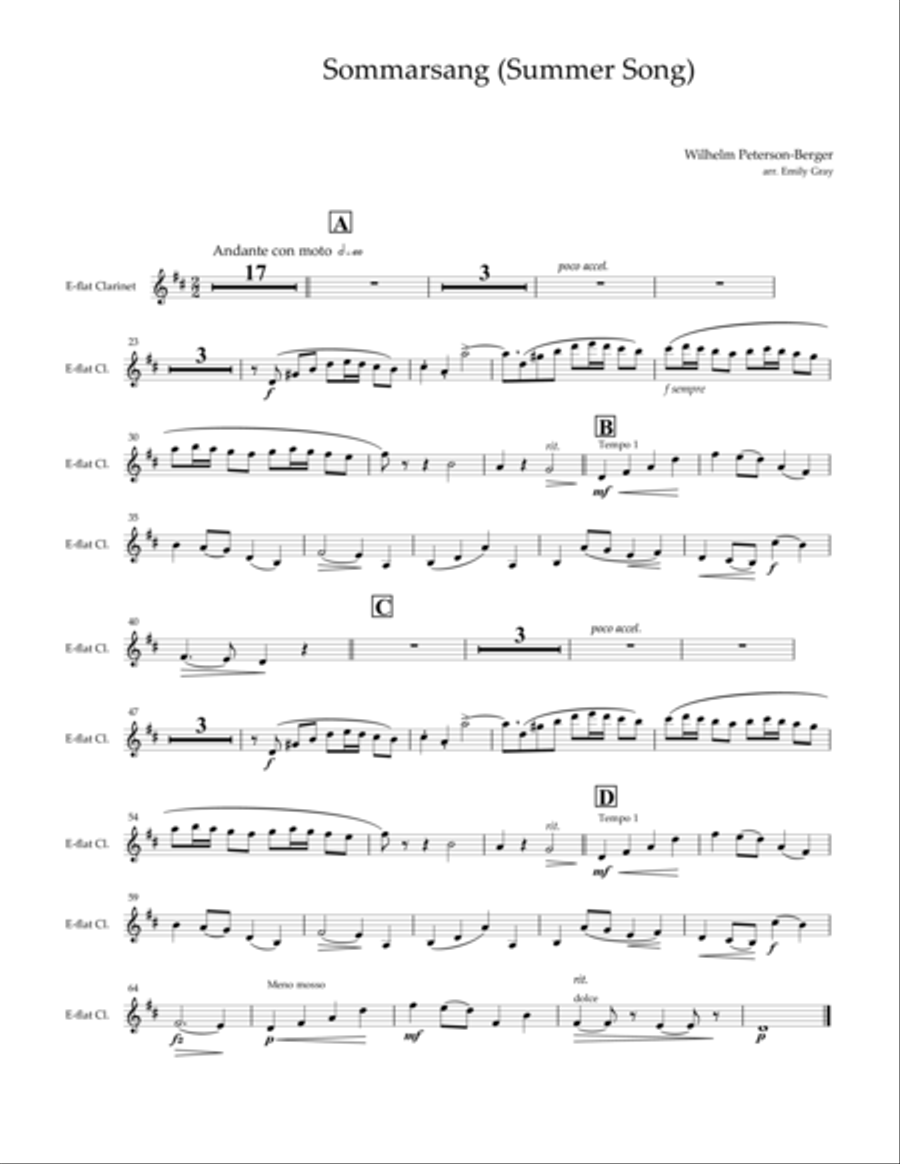 Sommarsang (Summer Song) for Clarinet Choir (Parts) Clarinet Choir scores gallery preview page 1