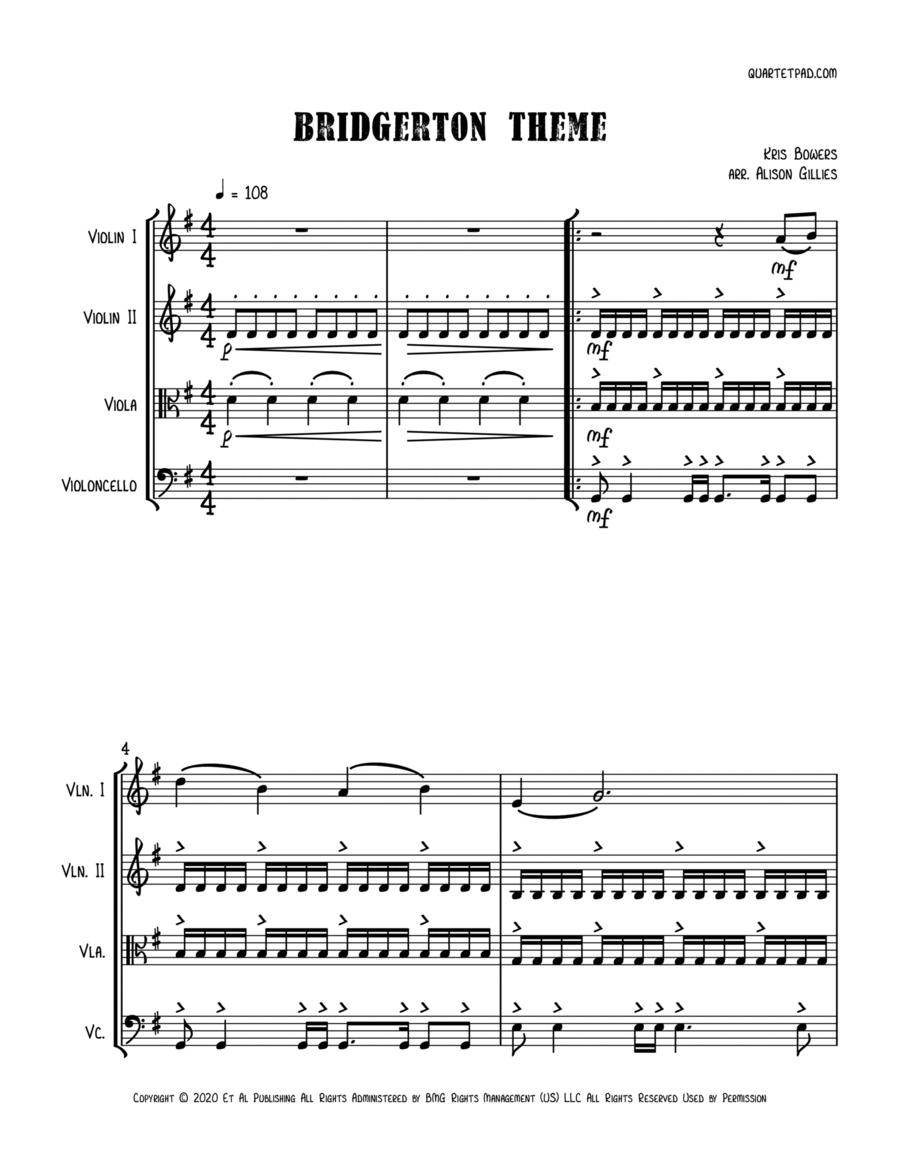 Bridgerton Theme String Quartet scores gallery preview page 1