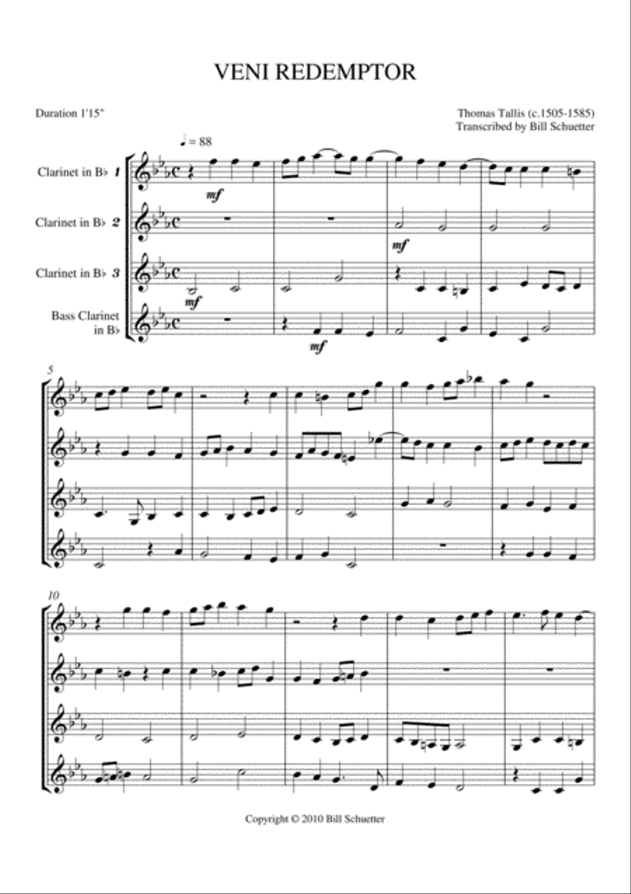 Veni Redemptor Clarinet Quartet scores gallery preview page 1