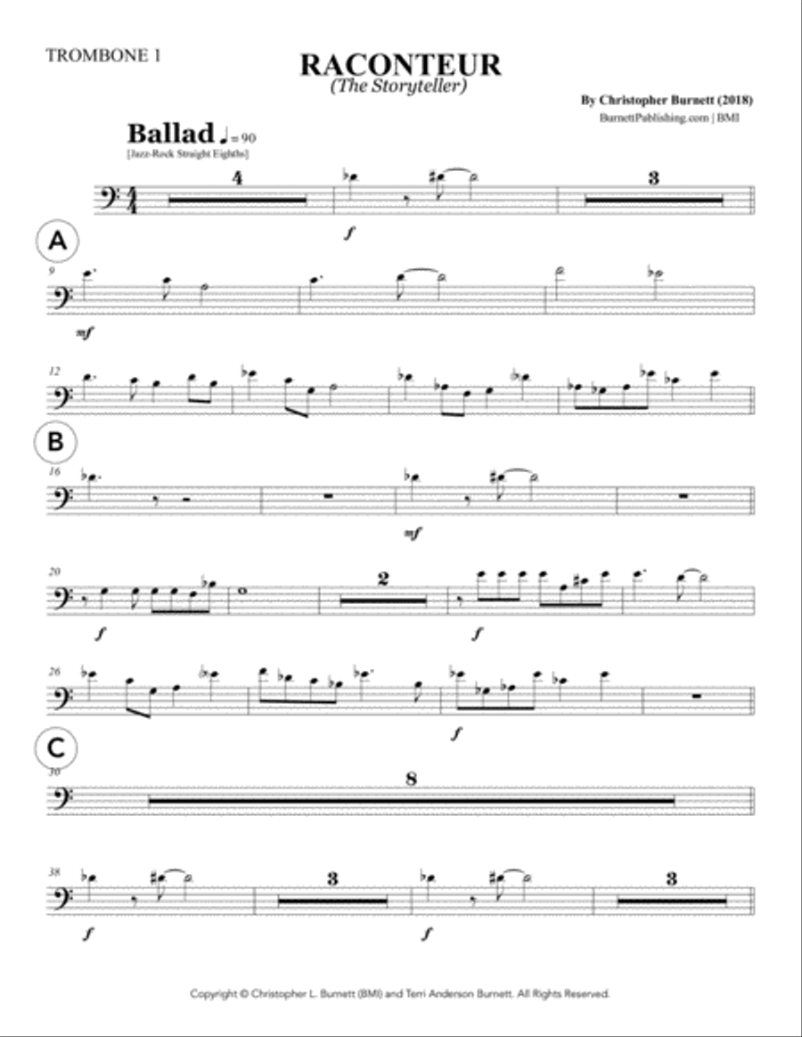 RACONTEUR (The Storyteller) - Trombone 1 Jazz Ensemble scores gallery preview page 1