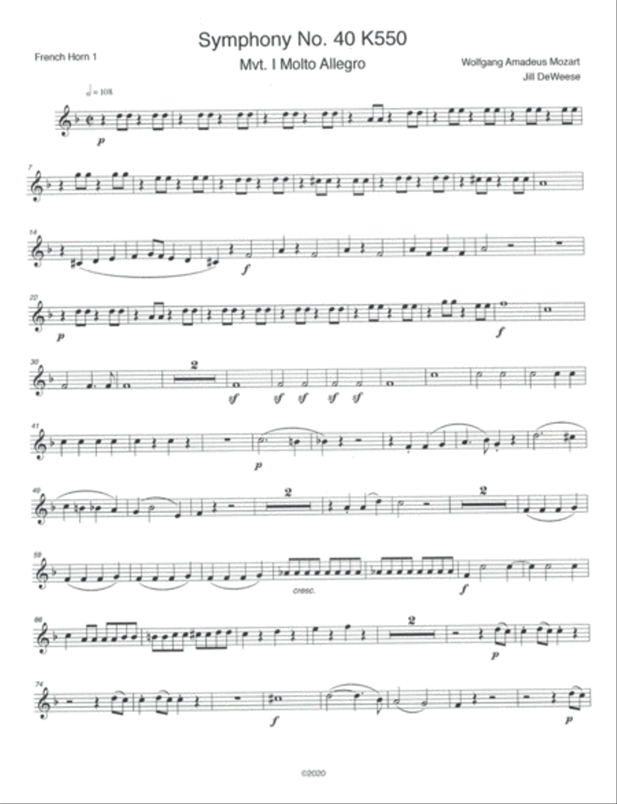 Mozart Symphony No. 40 in G minor, Movement 1 F Horn 1 only Horn Solo scores gallery preview page 1