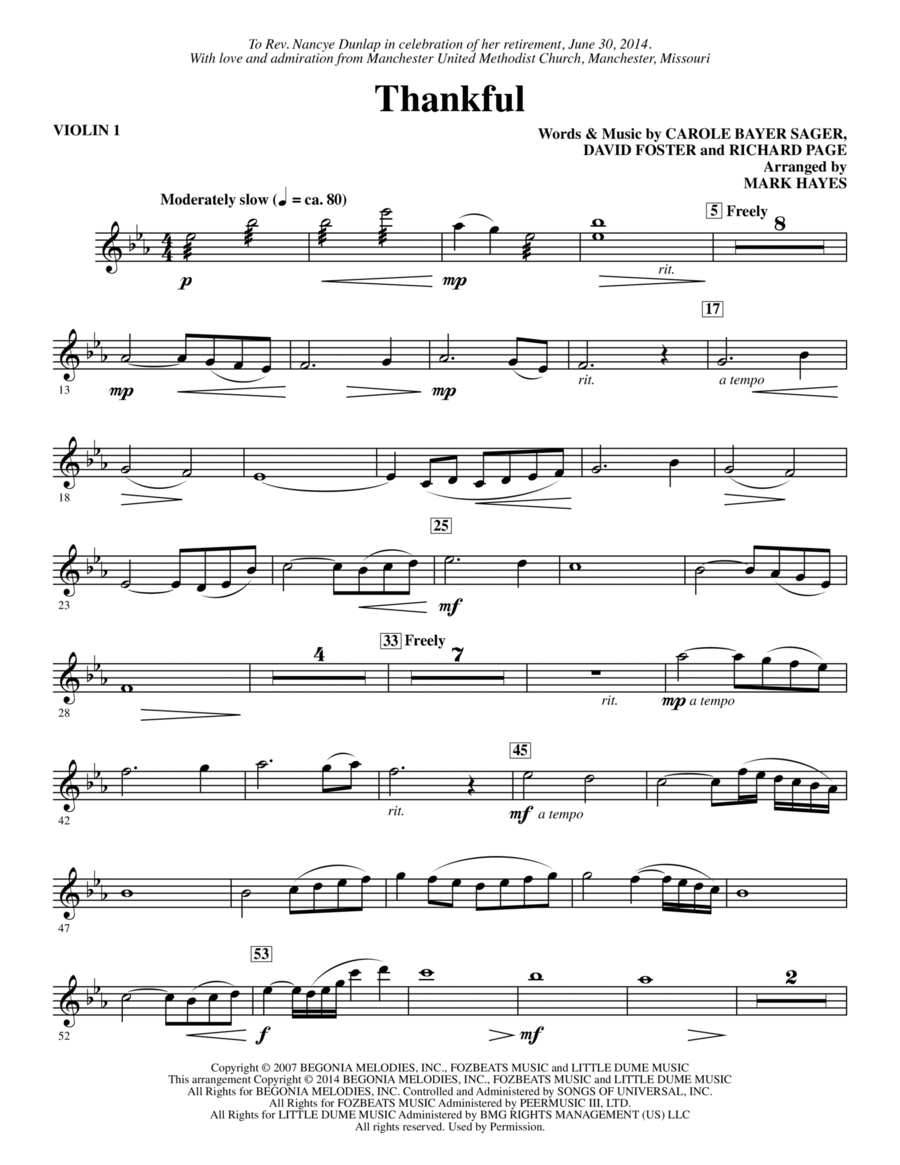 Thankful (arr. Mark Hayes) - Violin 1 Choir scores gallery preview page 1