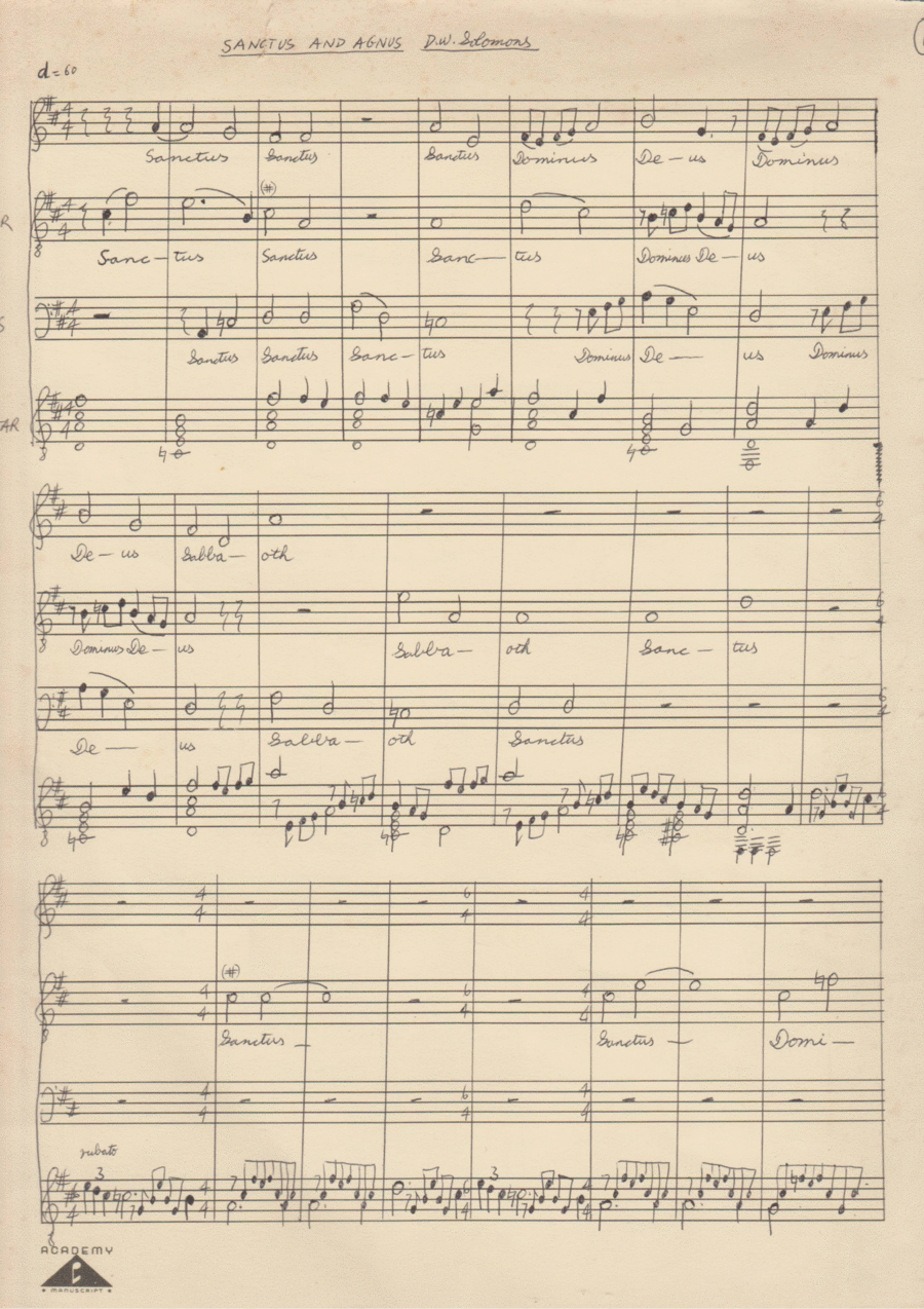 Book cover for Sanctus, Benedictus and Agnus, with Maj 7th, for ATB Choir and guitar (original manuscript)