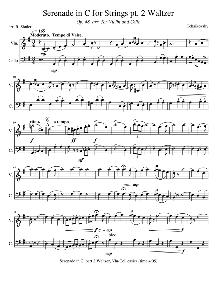 Serenade in C for Strings part 2 (Waltzer) Tchaikovsky for Violin & Cello Duet Easier String Orchestra scores gallery preview page 1