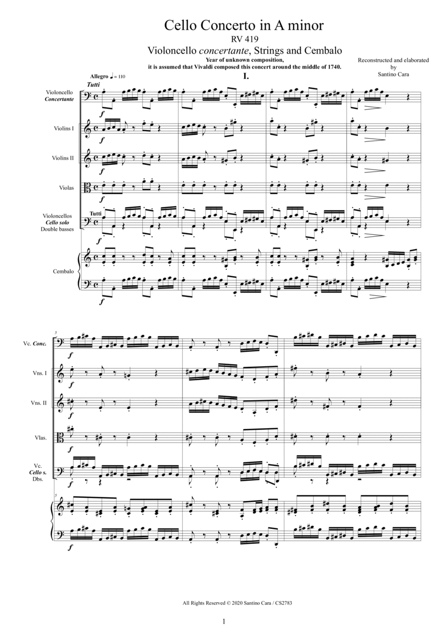 Vivaldi - Cello Concerto in A minor RV419 for Cello, Strings and Cembalo Chamber Orchestra scores gallery preview page 1