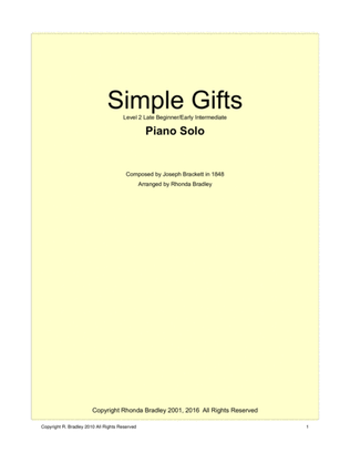 Simple Gifts Piano Solo Intermediate level