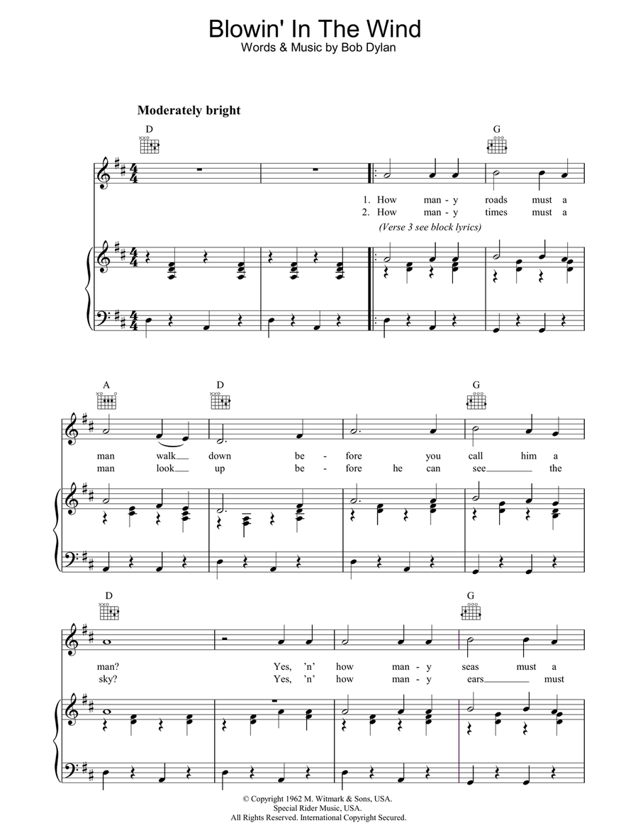 Blowin' In The Wind Blowin' In The Wind Piano, Vocal, Guitar scores gallery preview page 1