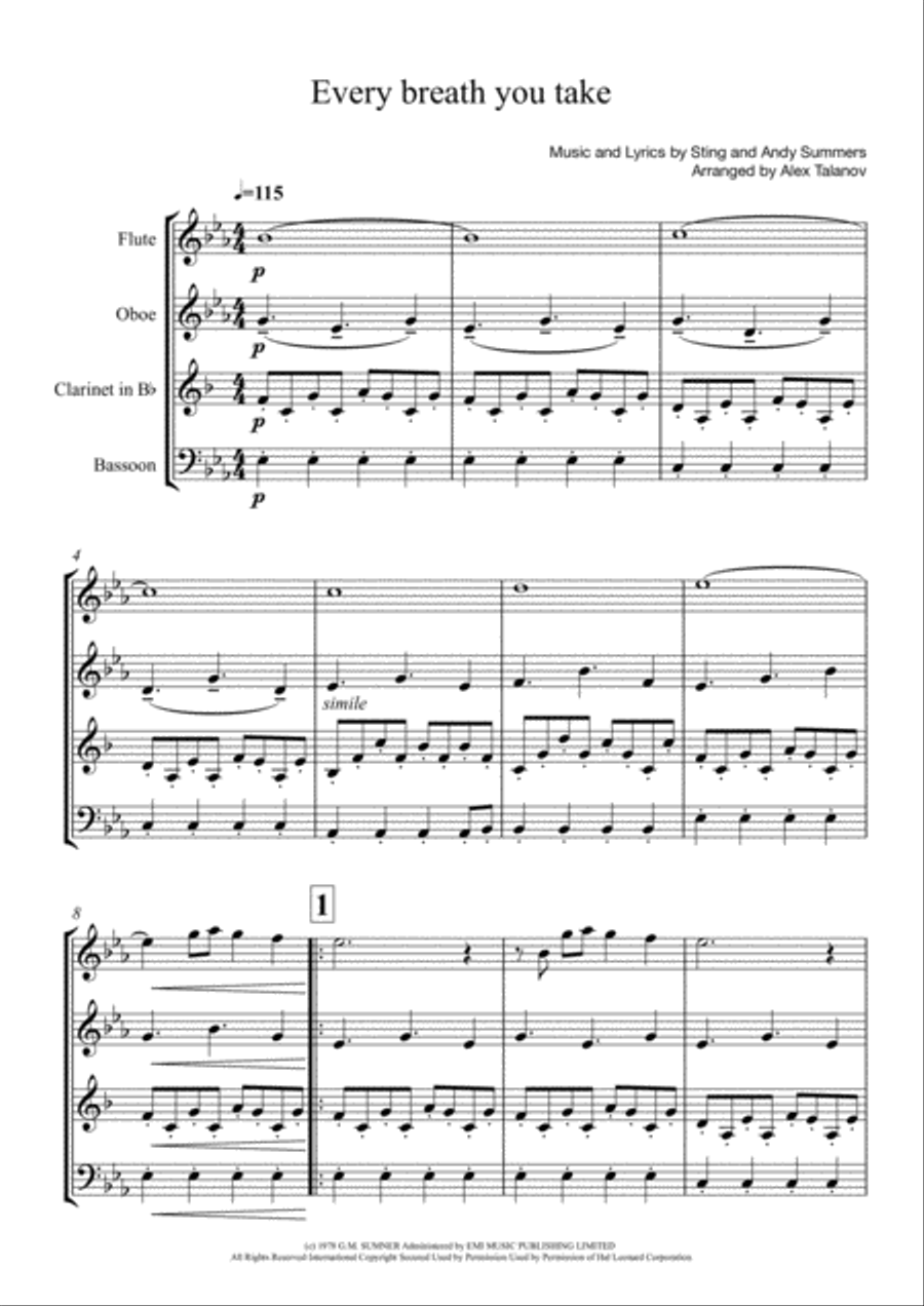 Every Breath You Take Woodwind Quartet scores gallery preview page 2