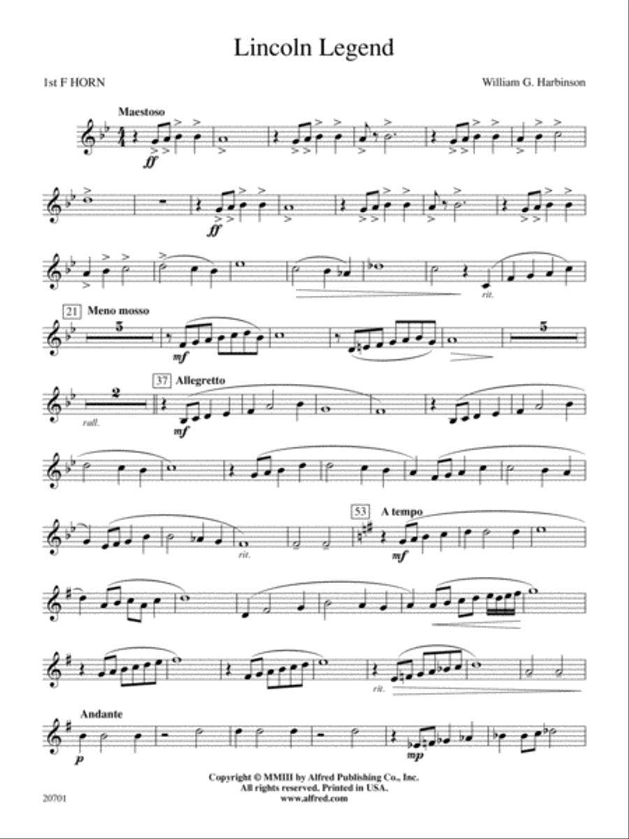 Lincoln Legend: 1st F Horn Concert Band scores gallery preview page 1