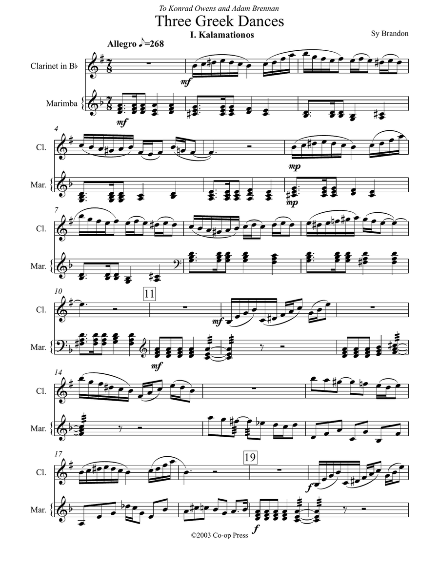Three Greek Dances for Clarinet and Marimba Clarinet scores gallery preview page 1