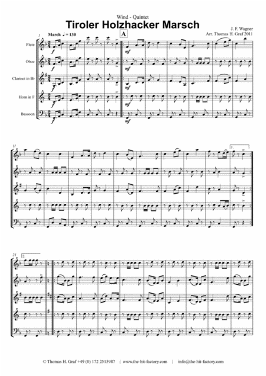 Tiroler Holzhacker Marsch - German Polka March - Oktoberfest - Wind Quintet Woodwind Quintet scores gallery preview page 1