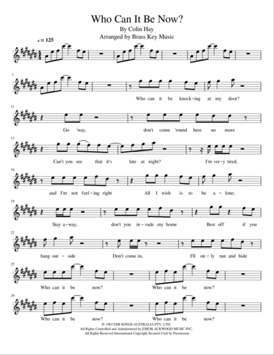 Who Can It Be Now? Alto Saxophone scores gallery preview page 1