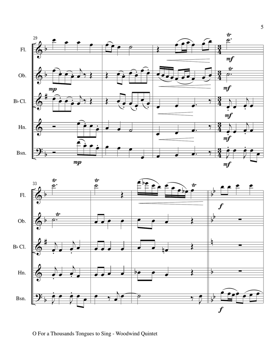 O FOR A THOUSAND TONGUES TO SING (Woodwind Quintet - Flute..Oboe..Bb Clarinet..Horn and Bassoon) Woodwind Quintet scores gallery preview page 5