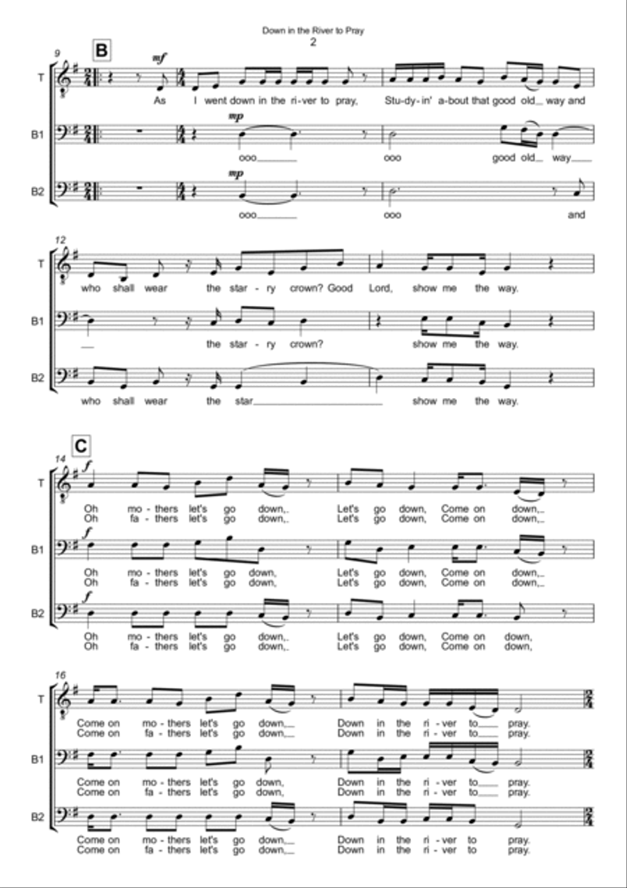 Down in the River to Pray - TBB a cappella 3-Part scores gallery preview page 2