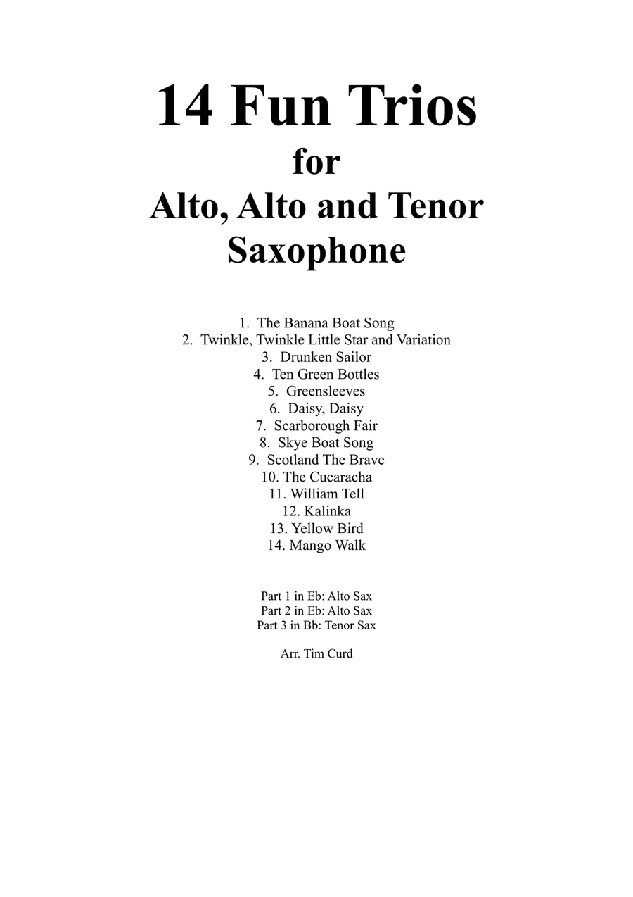 14 Fun Trios For Alto, Alto and Tenor Saxophone. Woodwind Trio scores gallery preview page 1