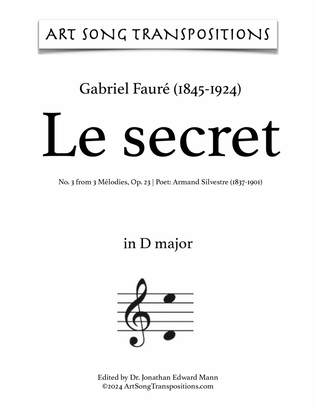 Book cover for FAURÉ: Le secret, Op. 23 no. 3 (transposed to D major)