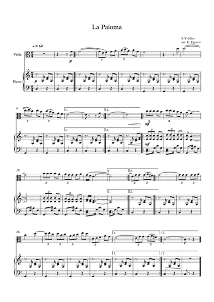 La Paloma, Sebastian Yradier, For Viola & Piano image number null