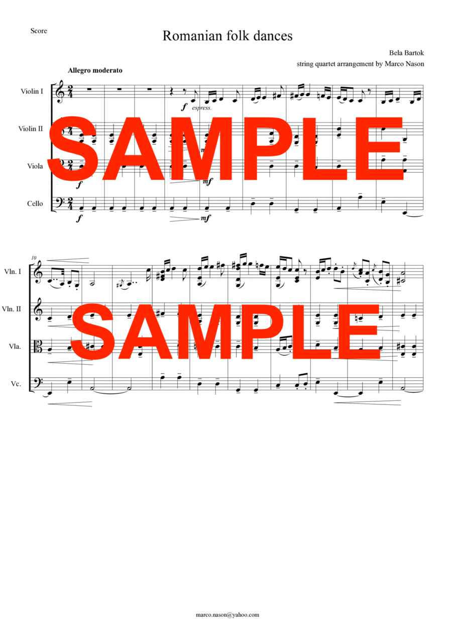 Bela Bartok - Romanian Folk Dances for string quartet String Quartet scores gallery preview page 1