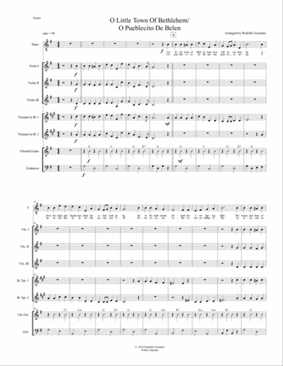 O Little Town Of Bethlehem/O Pueblecito De Belen for Mariachi Ensemble Small Ensemble scores gallery preview page 1