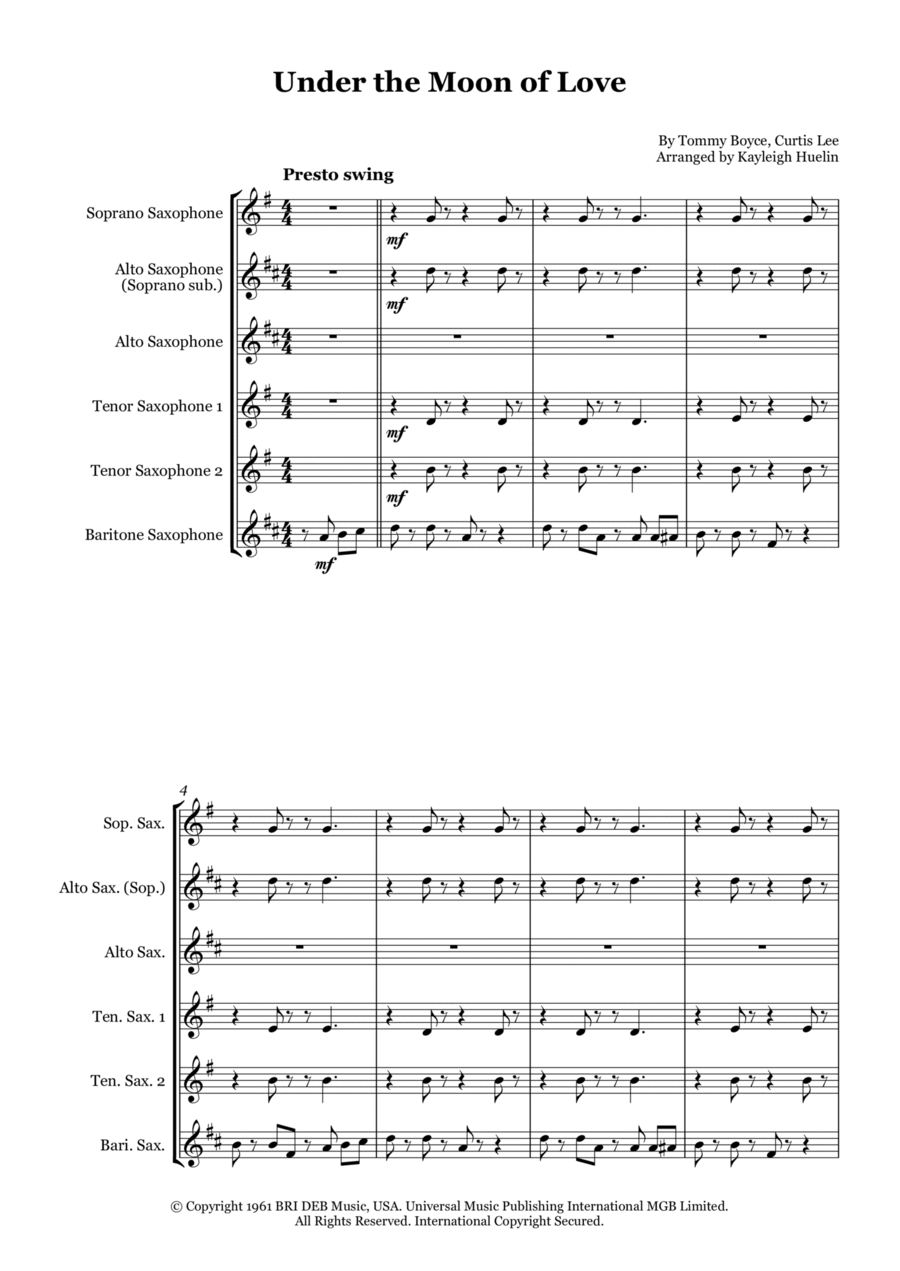 Under The Moon Of Love Saxophone Quintet scores gallery preview page 1