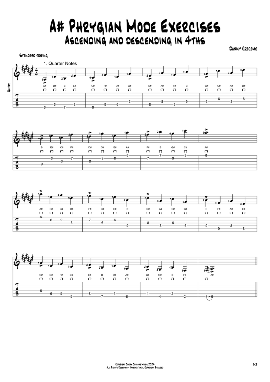 A# Phrygian Mode Exercises - Ascending and Descending in 4ths Acoustic Guitar scores gallery preview page 1