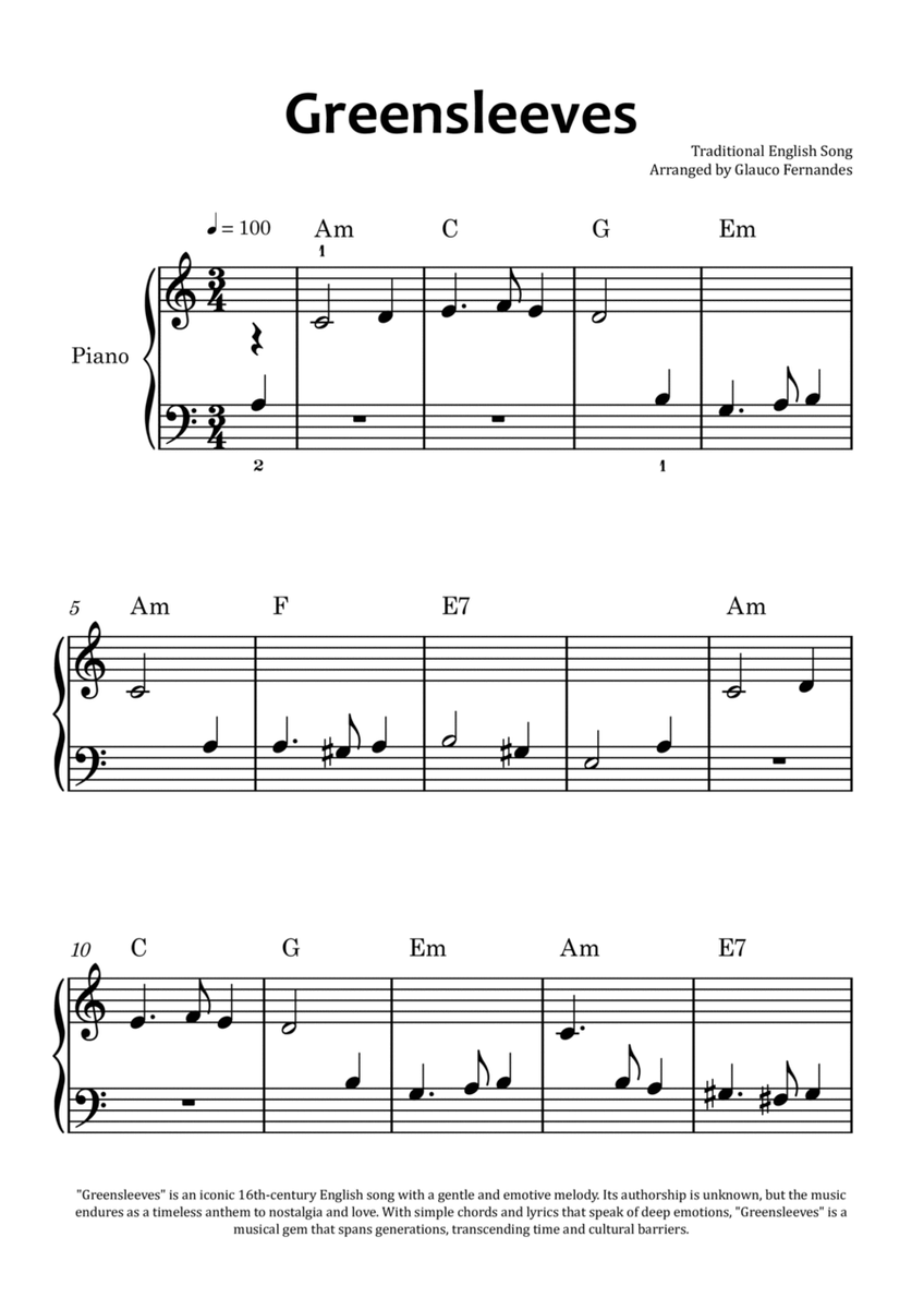 Greensleeves - Easy Piano with Chord Charts image number null