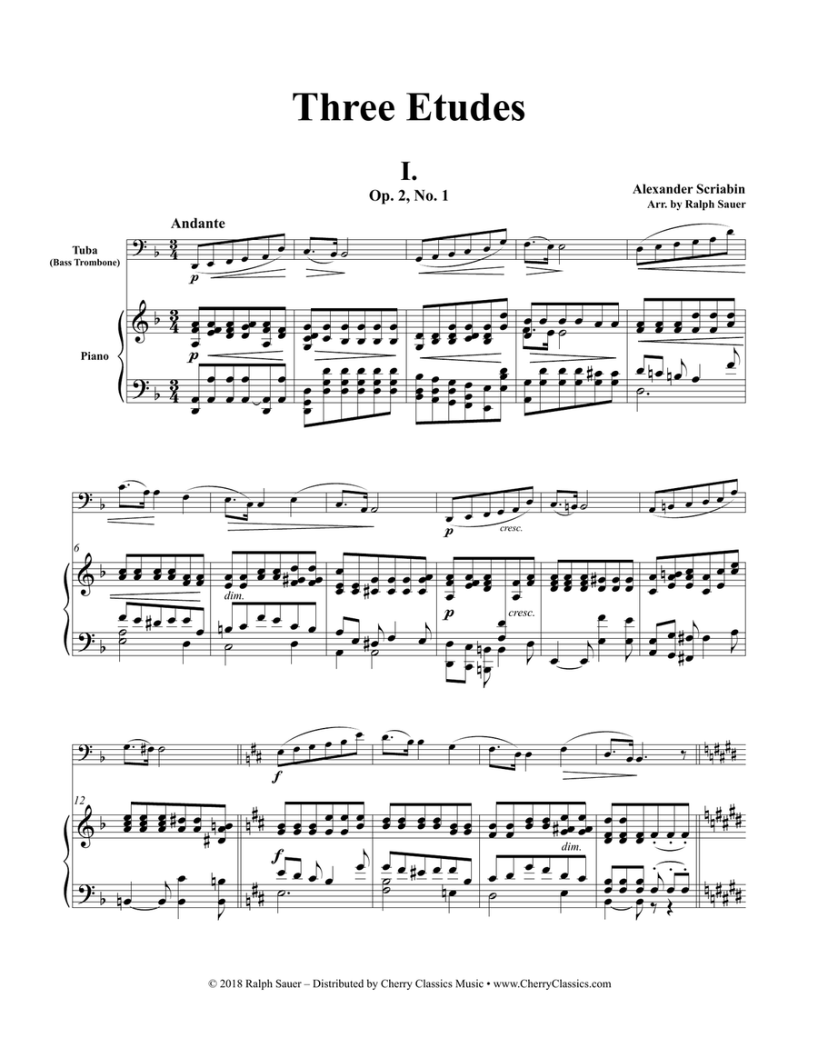 Three Etudes for Tuba or Bass Trombone and Piano Bass Trombone scores gallery preview page 1