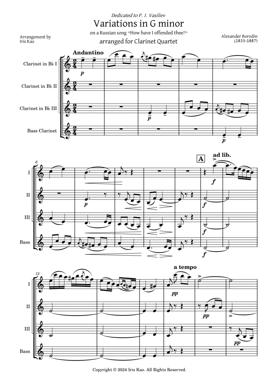 Variations in G minor (Clarinet Quartet) Clarinet Quartet scores gallery preview page 1