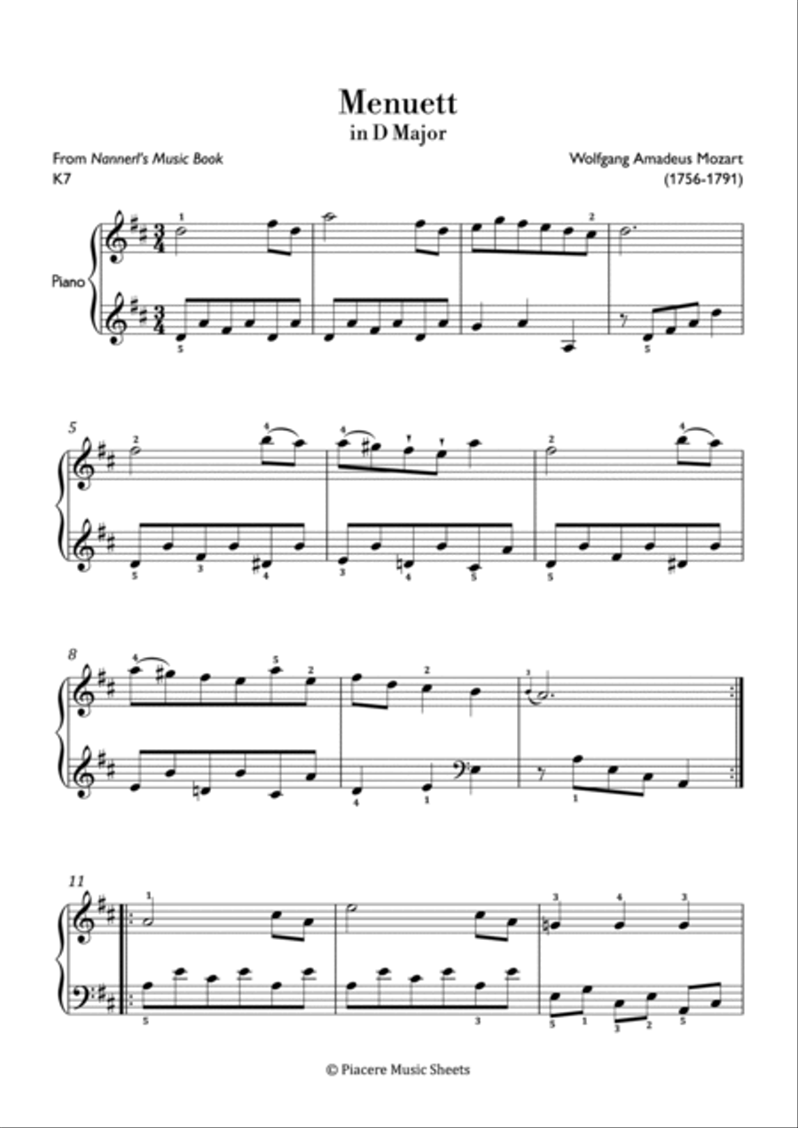 Mozart - Menuet in D Major K 7 - Easy Piano Method scores gallery preview page 2