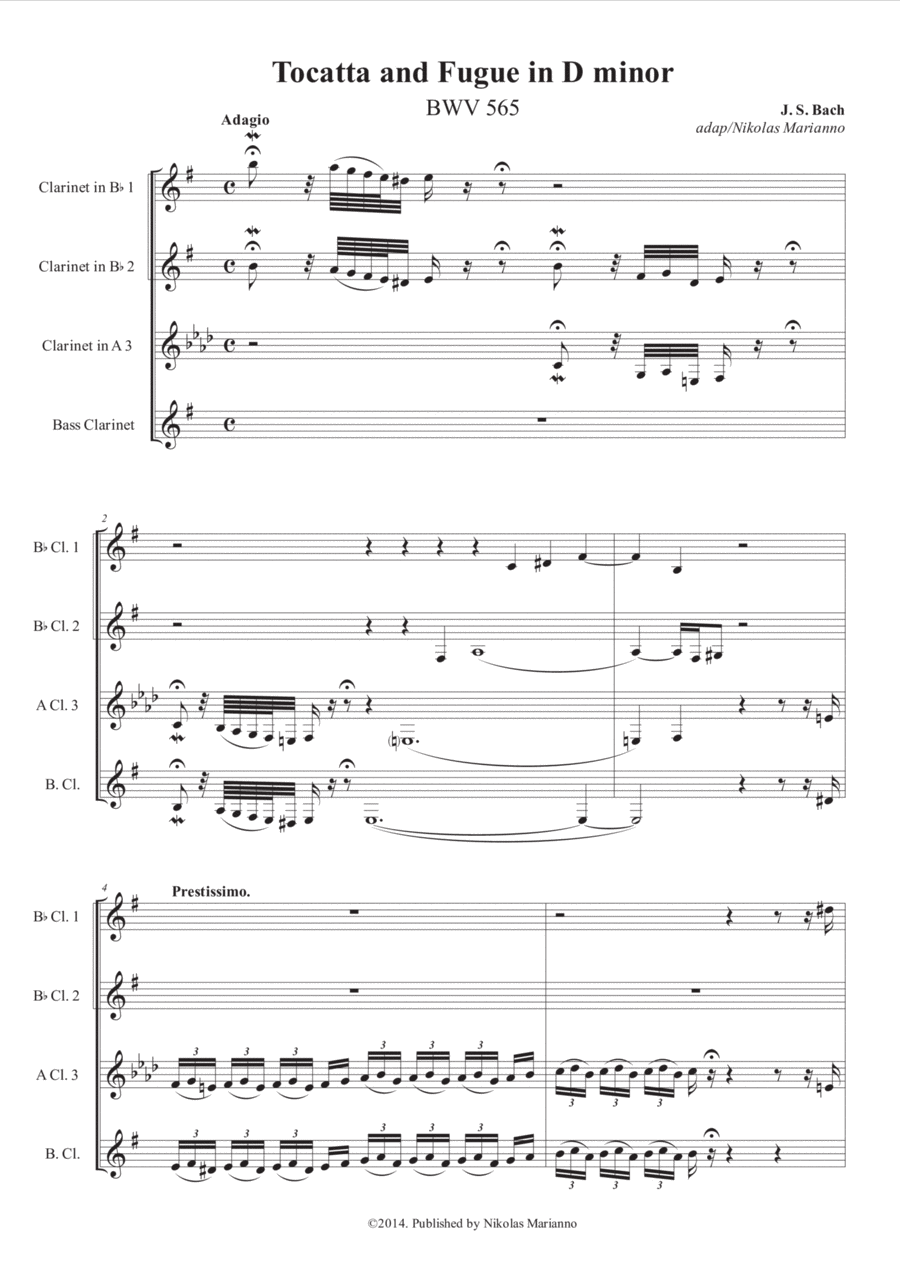 Tocatta and Fugue in D minor for Clarinet Quartet Clarinet Quartet scores gallery preview page 1