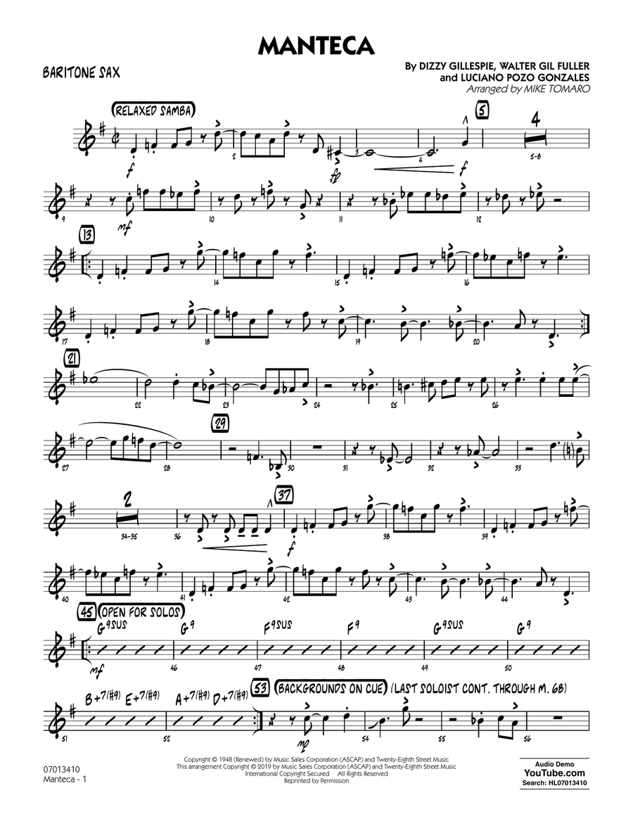 Manteca (arr. Mike Tomaro) - Baritone Sax Jazz Ensemble scores gallery preview page 1