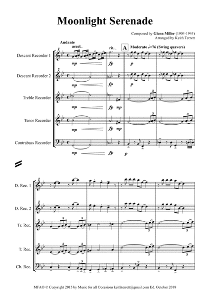 Moonlight Serenade for Recorder Quintet (Jazz for 5 Wind Series) image number null